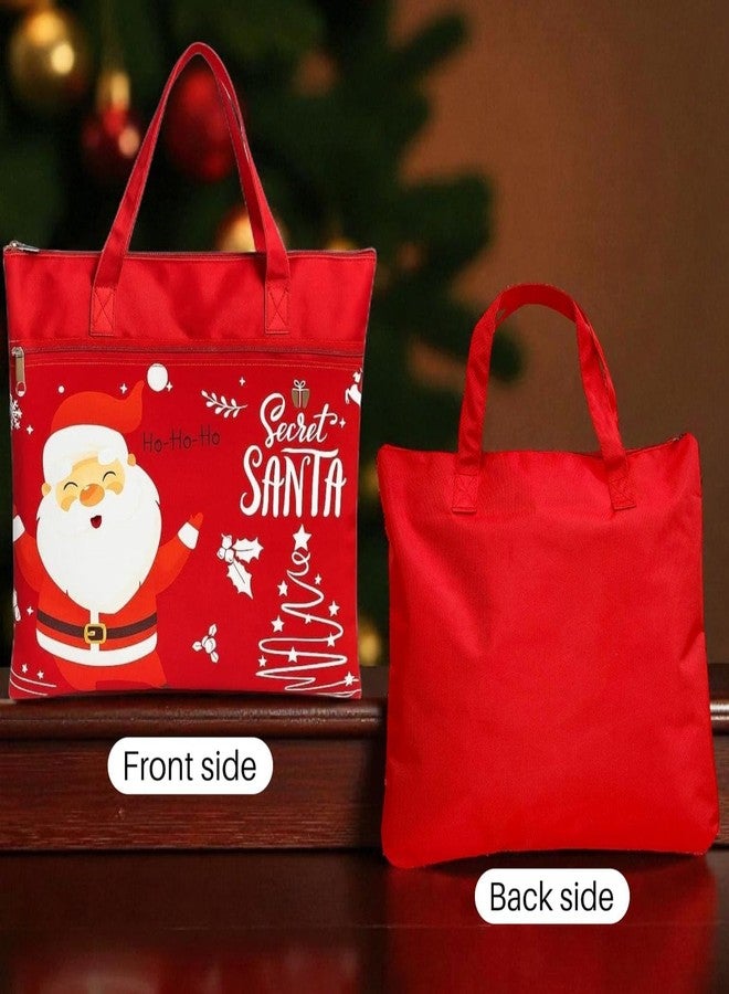 تارا13 حقيبة تسوق حمراء للأطفال من تيرا 13، حقيبة مستندات للمكتب والمدرسة بسحاب مزدوج، حقيبة سفر قابلة لإعادة الاستخدام مزينة بطبعة سانتا، هدية مثالية للأطفال في موسم الأعياد، حقيبة حمل صديقة للبيئة - Image 3